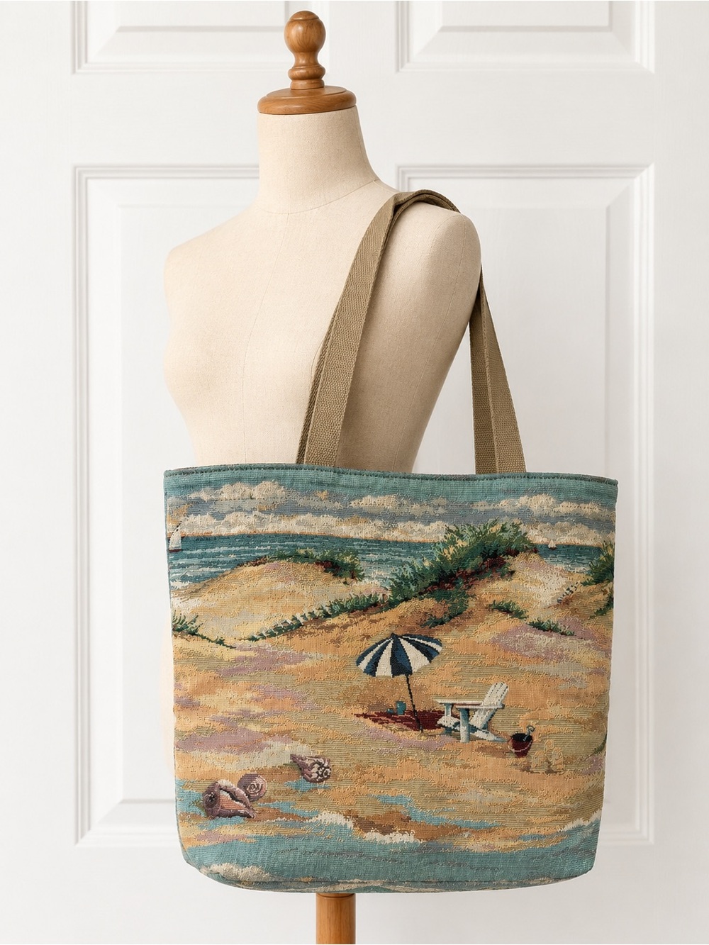 Coastal Beach Tapestry Tote Bag Nautical Adirondack Chair Sailboat Seashell